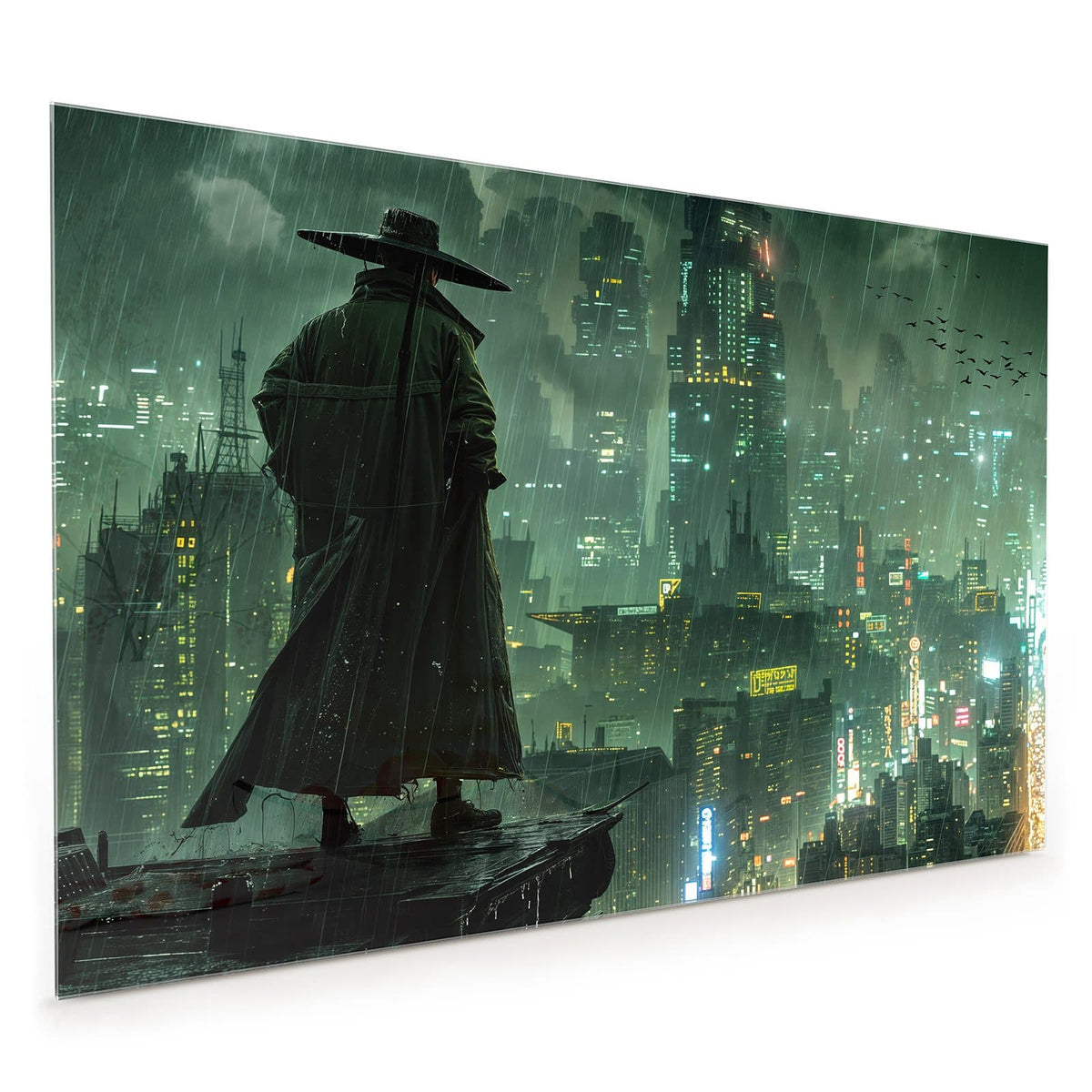 Küchenrückwand aus Glas im Hochformat: Mann mit breitem Hut und langem Mantel steht im Regen auf einer Dachkante über einer grün beleuchteten Stadt