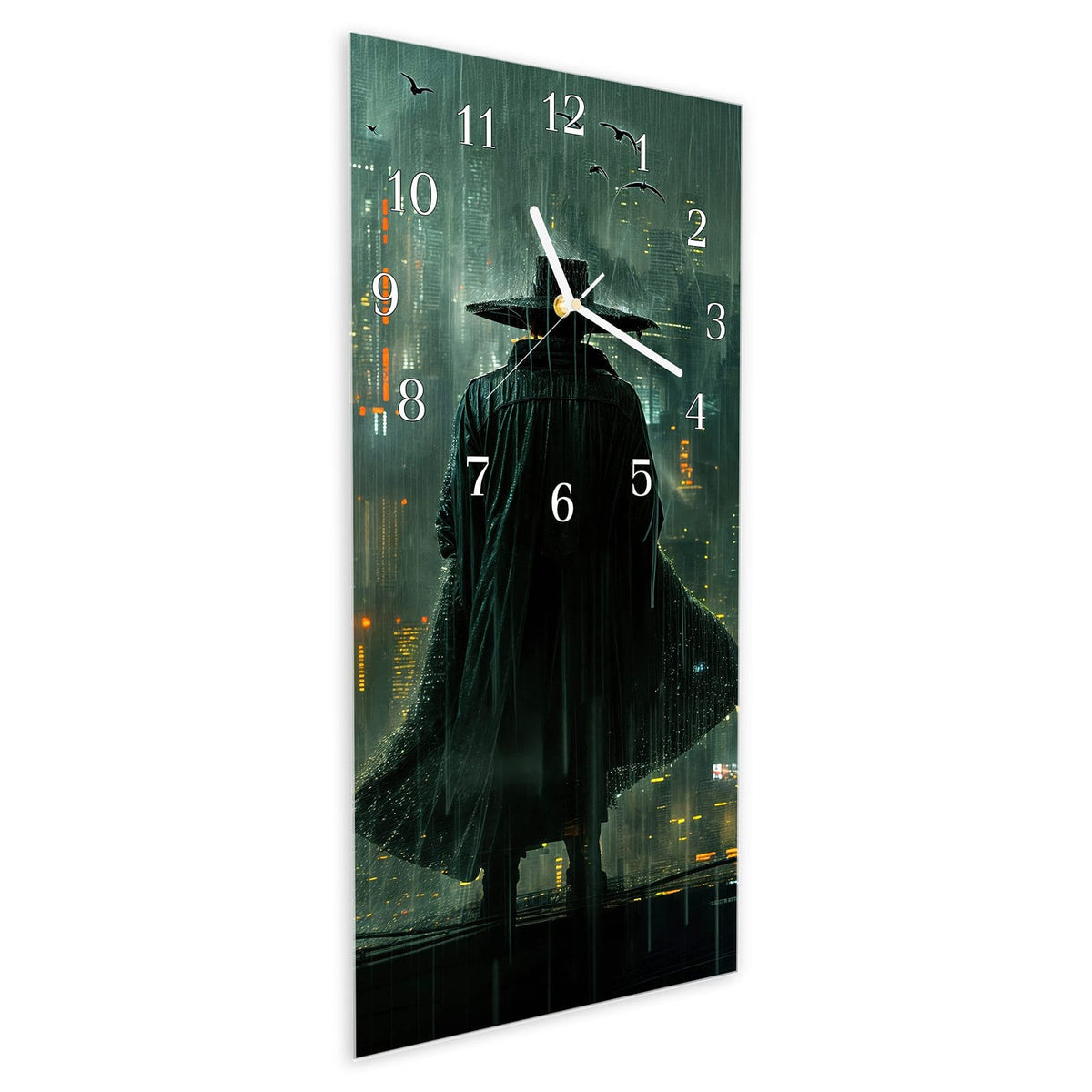Vormontiert – mit Schwebeeffekt – Wanduhr Regenmantel Stadt aus Glas – Hochformat 30 × 60 cm