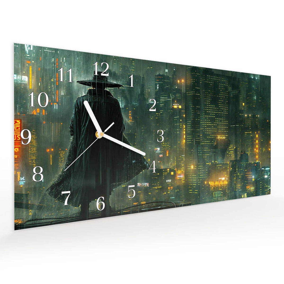 Vormontiert – mit Schwebeeffekt – Wanduhr Regenmantel Stadt aus Glas – Querformat 60 × 30 cm