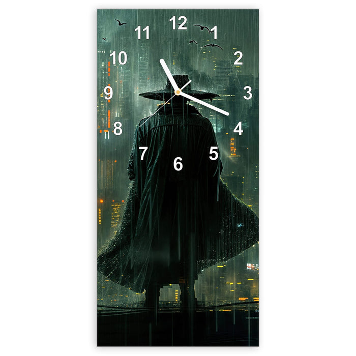 Wanduhr Regenmantel Stadt aus Glas – Hochformat 30 × 60 cm mit Ziffernblatt Modern