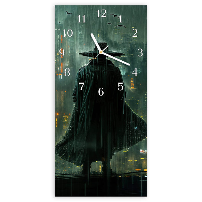Wanduhr Regenmantel Stadt aus Glas – Hochformat 30 × 60 cm mit Ziffernblatt Klassisch