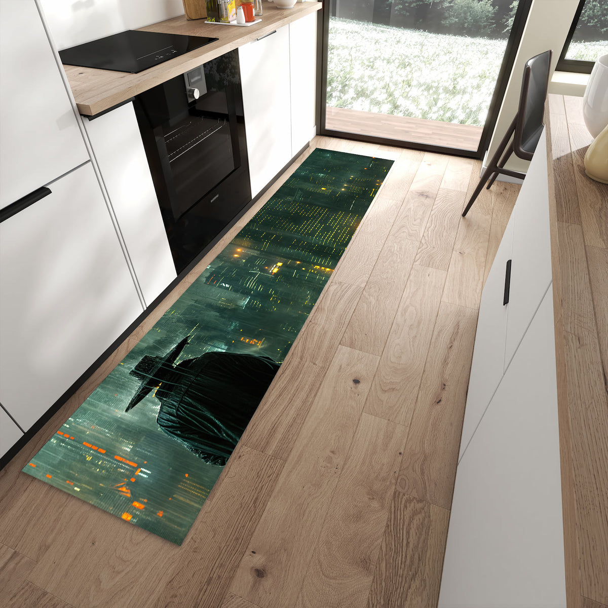 Wasserabweisender Küchenläufer mit Motiv Regenmantel Stadt in moderner Küche