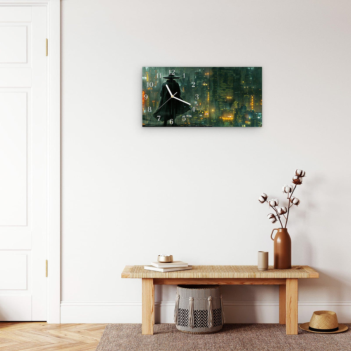 Moderne Wanduhr aus Glas mit Farbtiefe – Wanduhr Regenmantel Stadt aus Glas – Querformat 60 × 30 cm