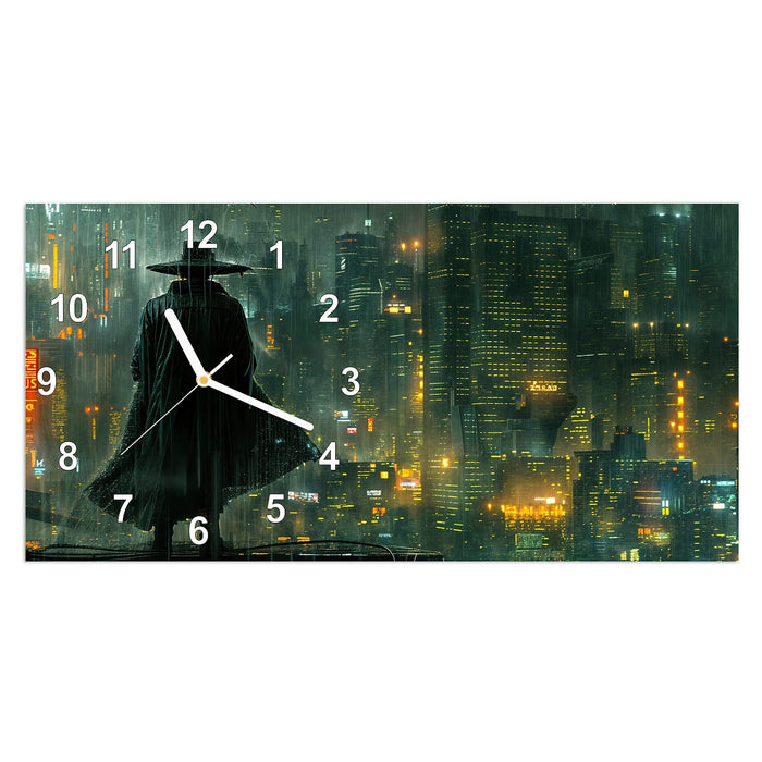 Wanduhr Regenmantel Stadt aus Glas – Querformat 60 × 30 cm mit Ziffernblatt Modern