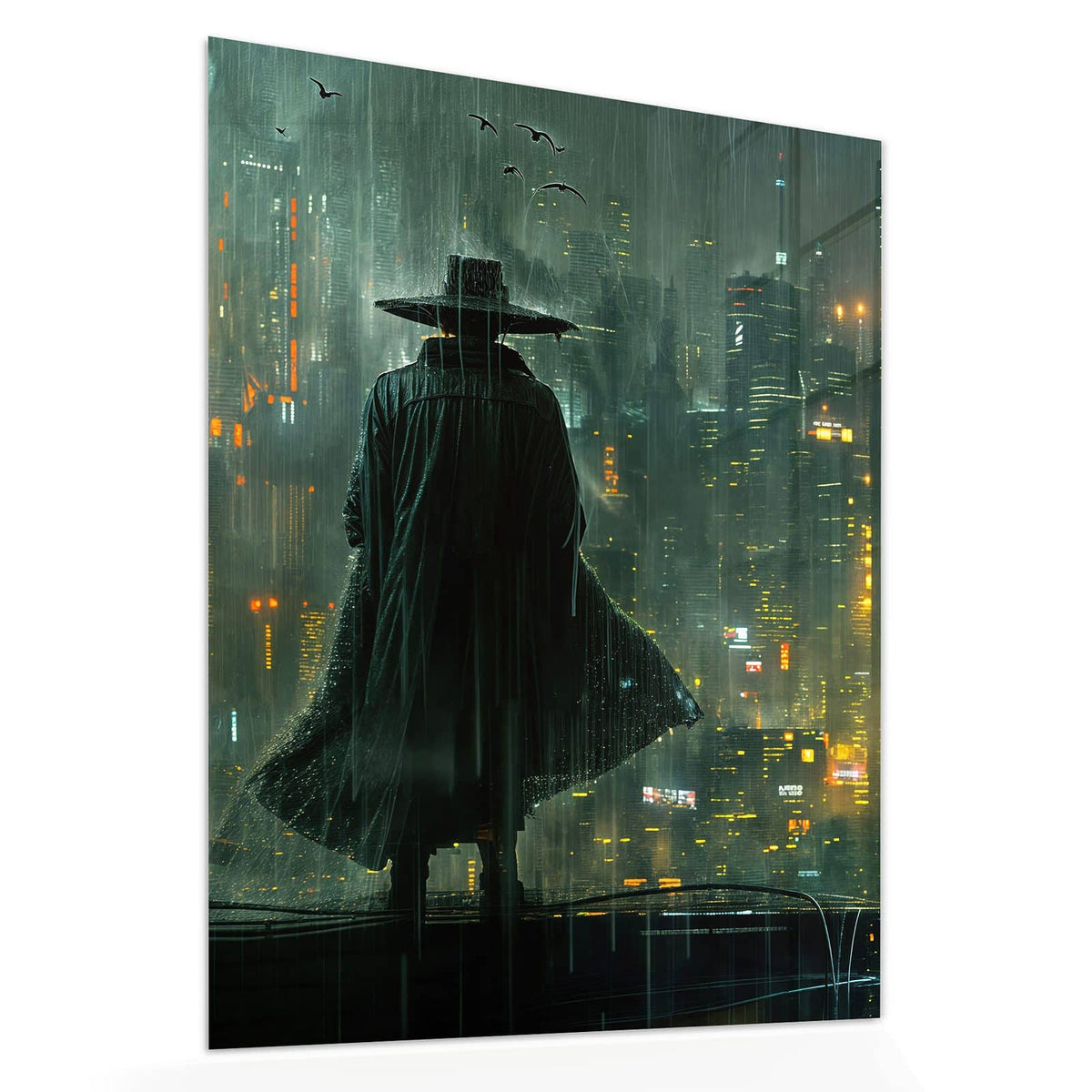 Echtglas, 4 mm – kein Acryl, keine Folie – Wandbild - Mann mit Hut im Regen - Hochformat