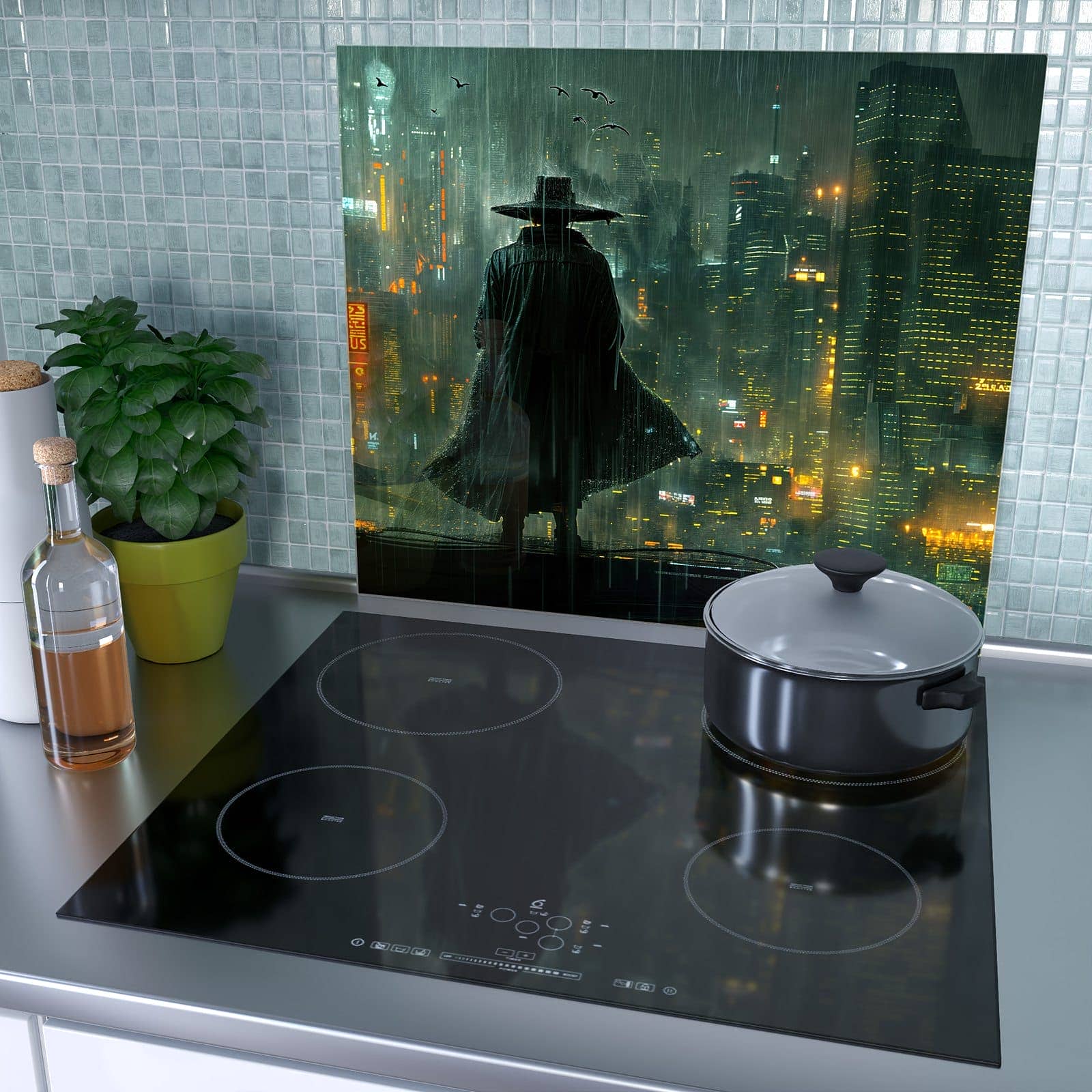 1-teilige Herdabdeckplatten aus Glas mit Regenmantel Stadt-Motiv als Spritzschutz hinter dem Kochfeld