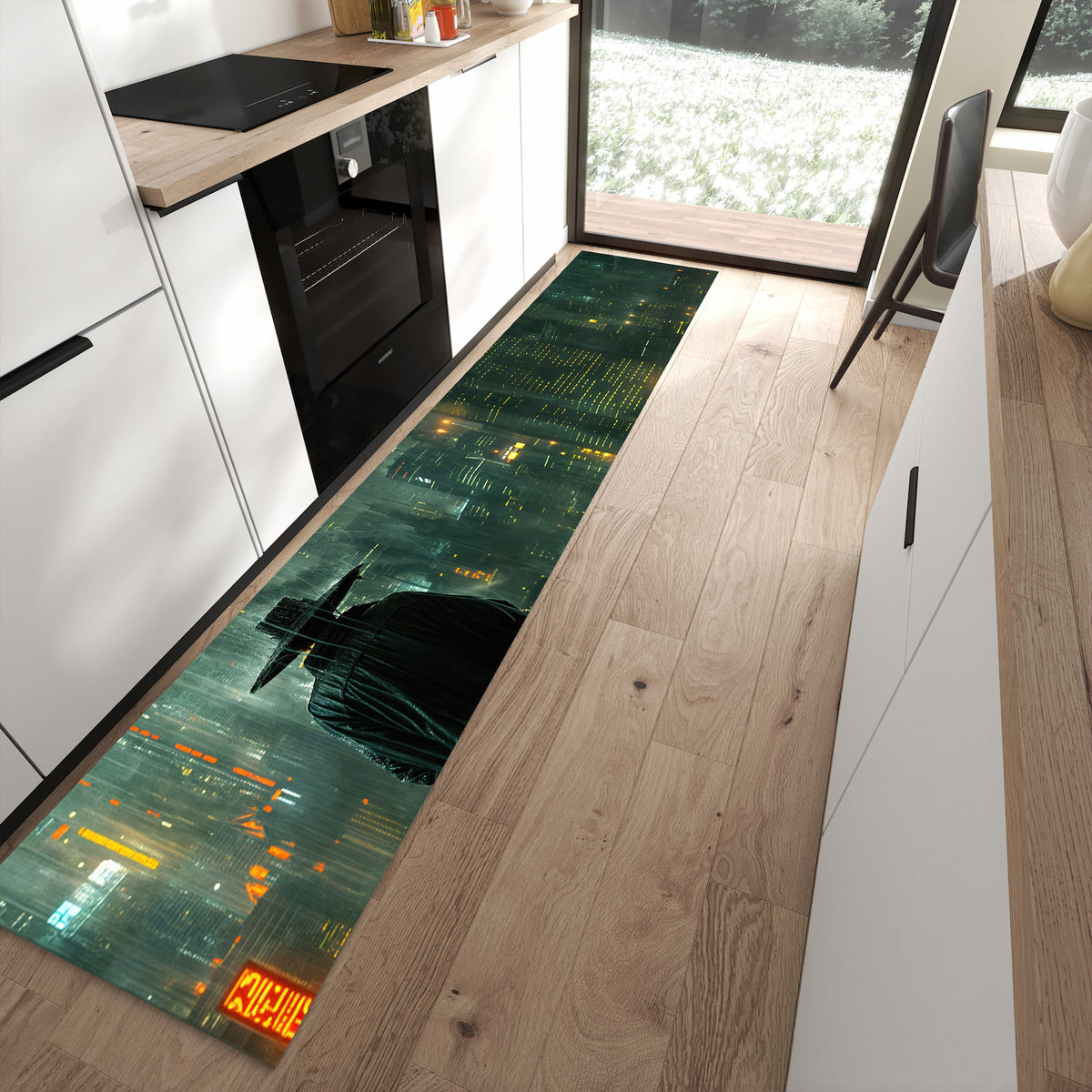 Fleckenresistenter moderner Küchenläufer mit Motiv Regenmantel Stadt in moderner Küche