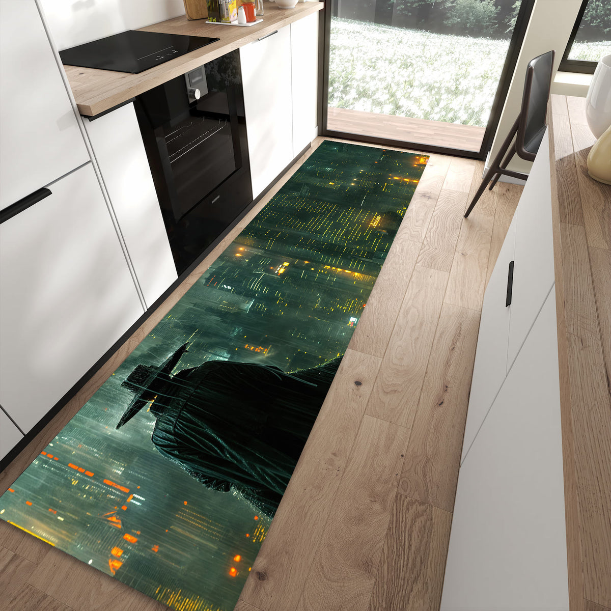 Pflegeleichter Teppich für Küche mit Motiv Regenmantel Stadt in moderner Küche