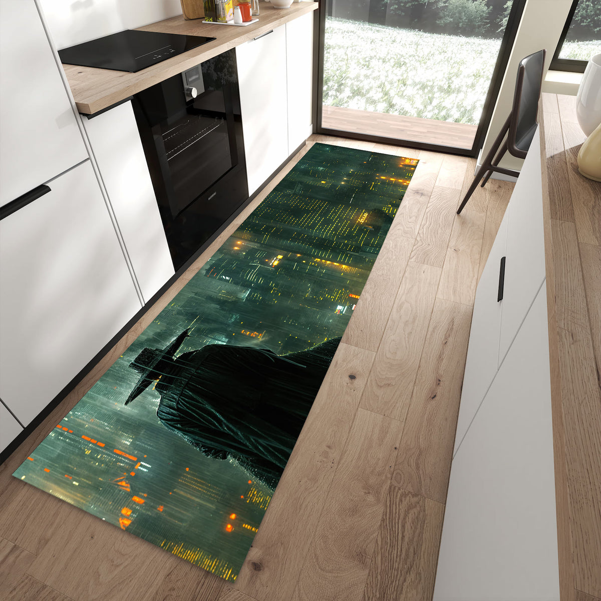 Flacher Küchenteppich mit Motiv Regenmantel Stadt in moderner Küche