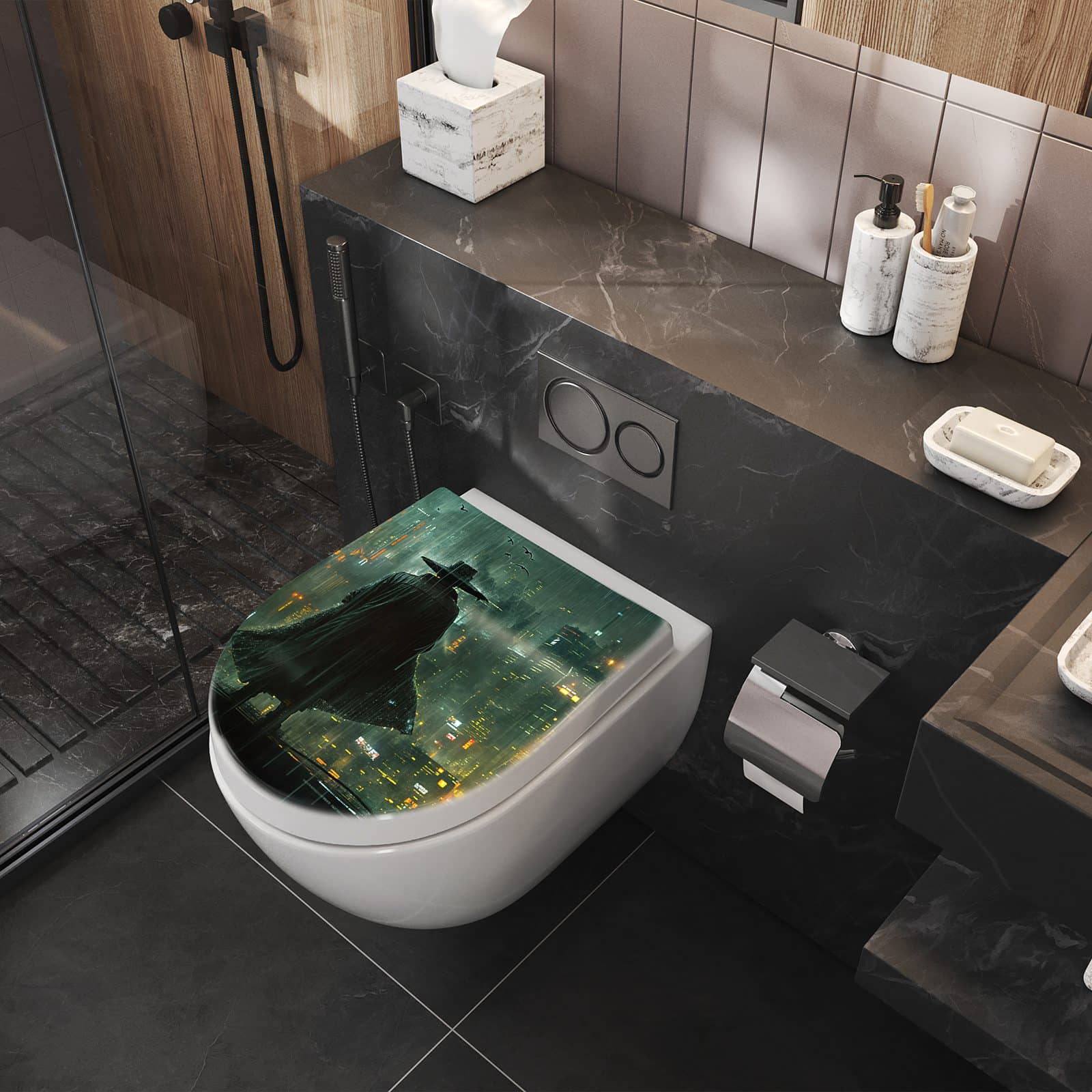 WC-Sitz mit Absenkautomatik Regenmantel Stadt