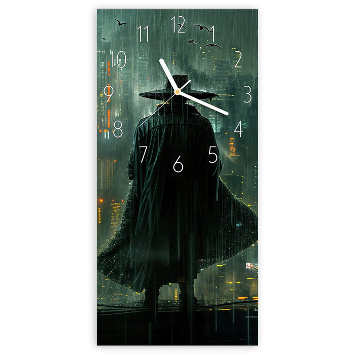 Wanduhr Regenmantel Stadt aus Glas – Hochformat 30 × 60 cm mit Ziffernblatt Elegant