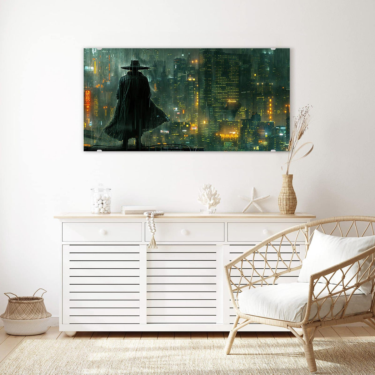 Echtglas, 4 mm – kein Acryl, keine Folie – Wandbild - Mann mit Hut im Regen - Querformat