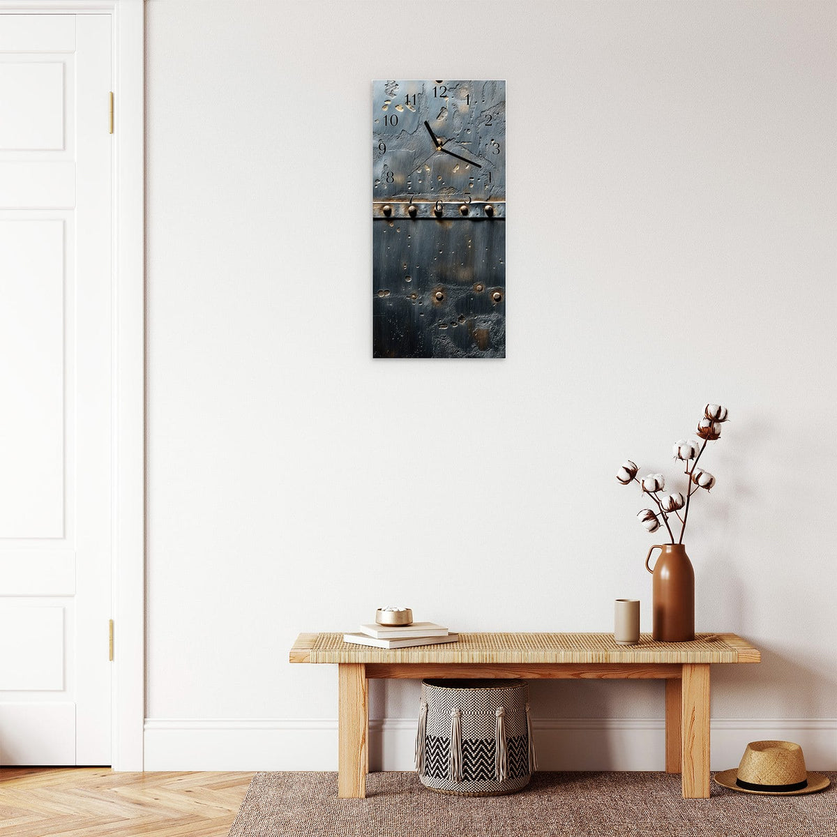 Moderne Wanduhr aus Glas mit Farbtiefe – Wanduhr Metalltür Design aus Glas – Hochformat 30 × 60 cm