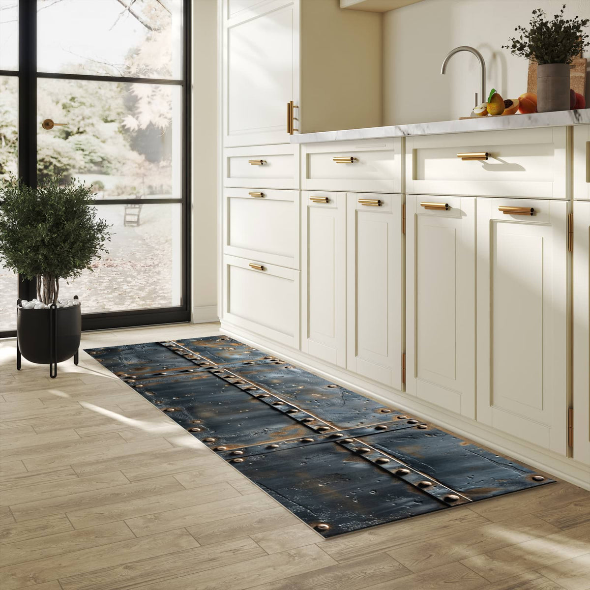 Komfortabler Küchenläufer mit Motiv Metalltür Design in heller Küche