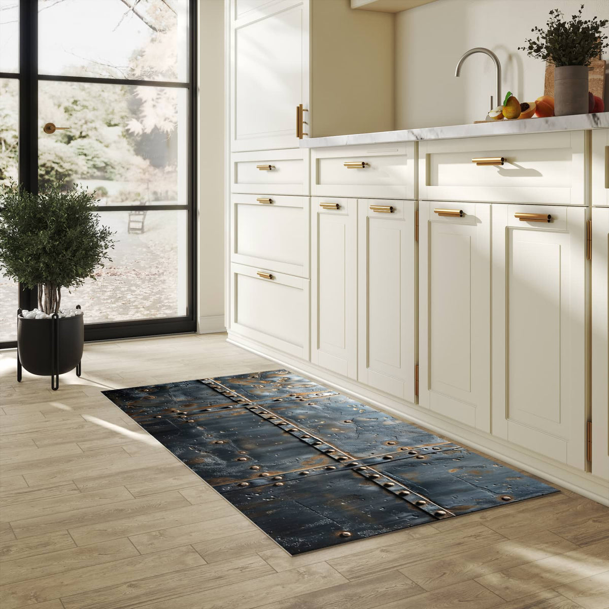 Schmutzabweisender rutschfester Küchenläufer mit Motiv Metalltür Design in heller Küche