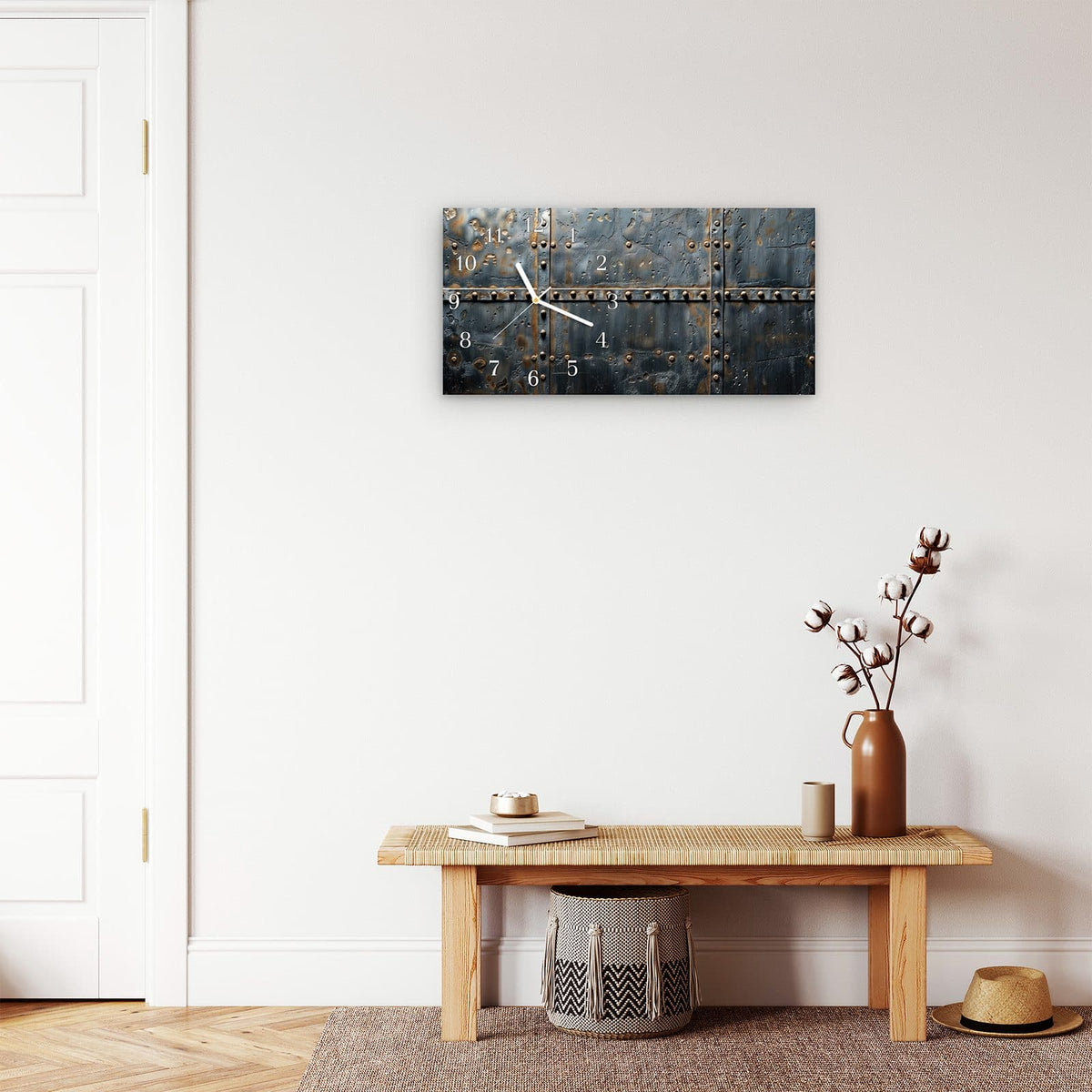 Moderne Wanduhr aus Glas mit Farbtiefe – Wanduhr Metalltür Design aus Glas – Querformat 60 × 30 cm