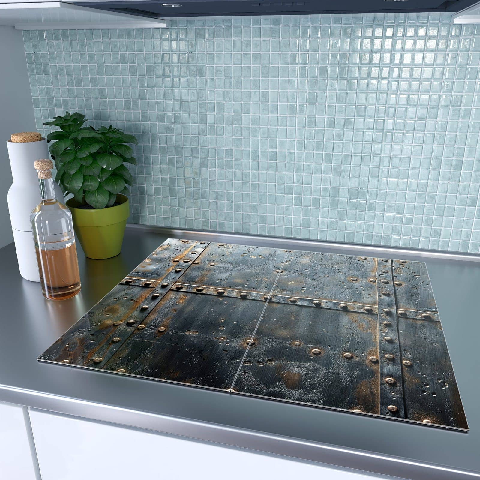 2-teilige Herdabdeckplatte aus Glas mit Metalltür Design-Motiv auf dem Ceranfeld