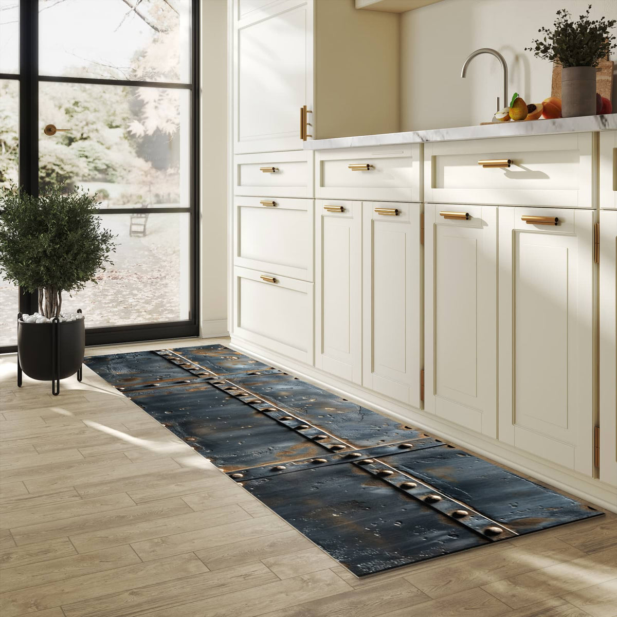 Wasserabweisender Küchenläufer mit Motiv Metalltür Design in heller Küche