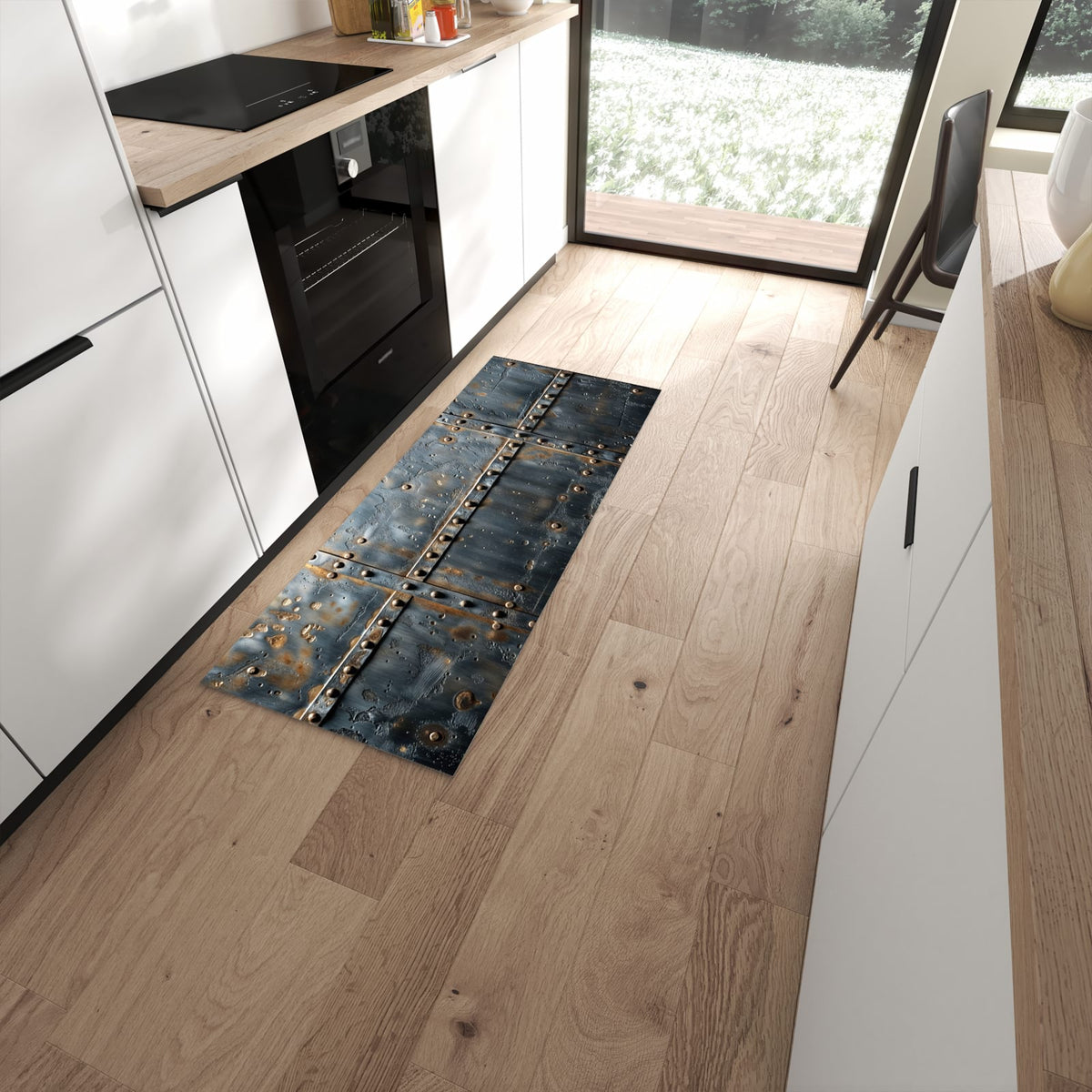 Strapazierfähiger Küchenteppich mit Motiv Metalltür Design in moderner Küche #grösse_60 x 150 cm