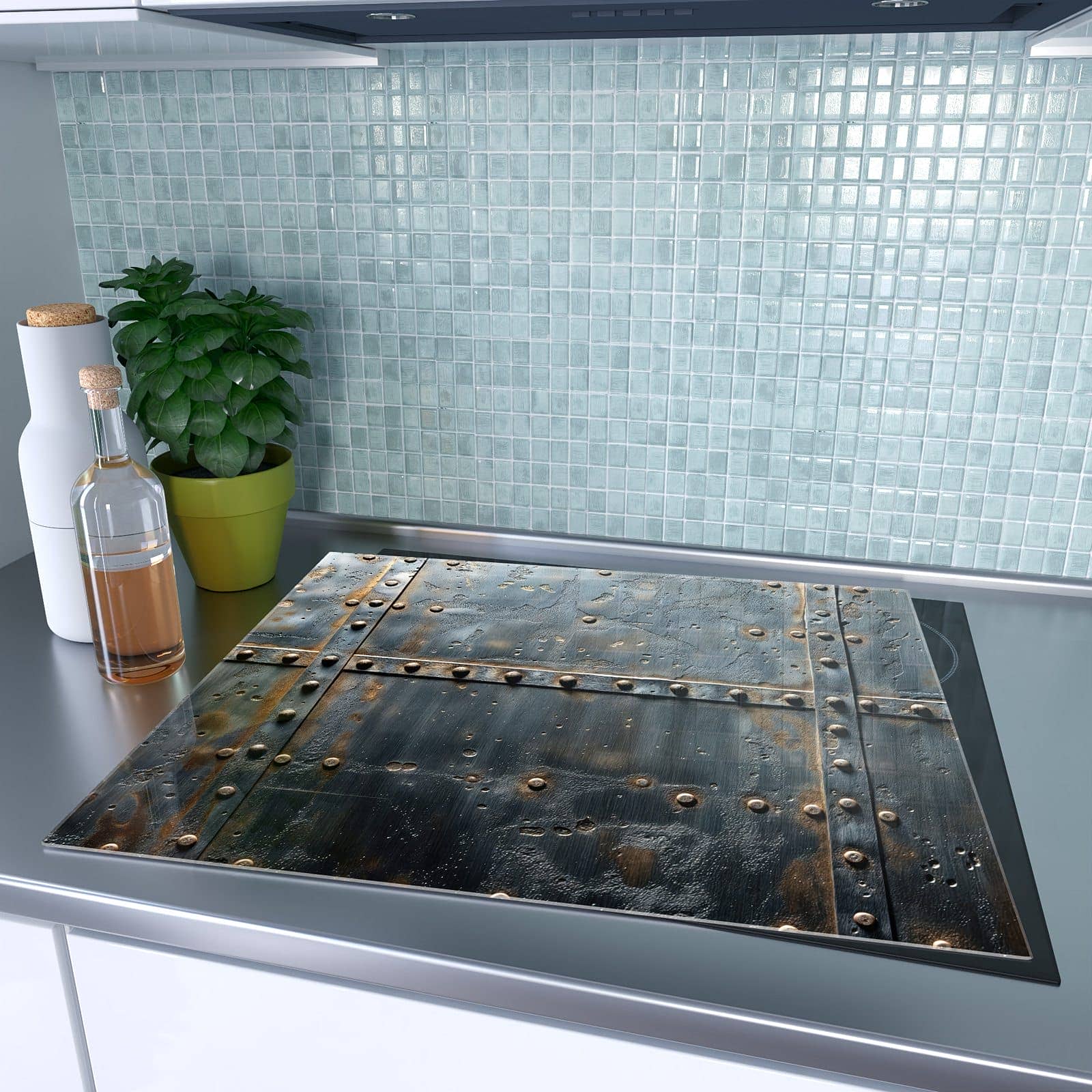 1-teilige Herdabdeckung aus Holz mit Metalltür Design-Motiv auf dem Ceranfeld