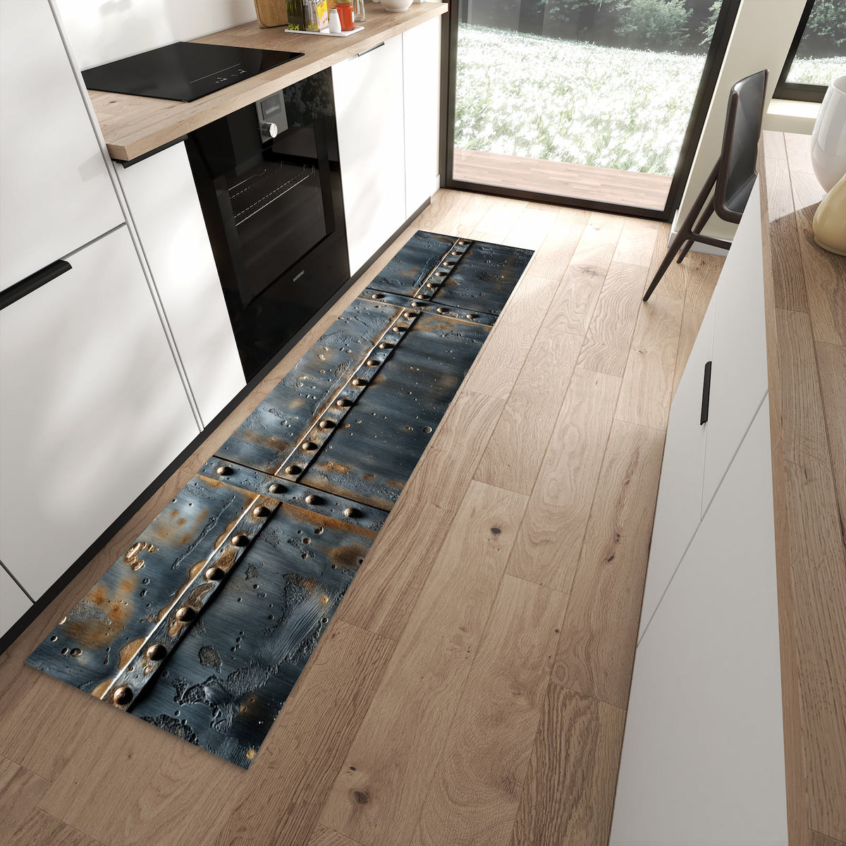 Langlebiger waschbarer Küchenteppich mit Motiv Metalltür Design in moderner Küche