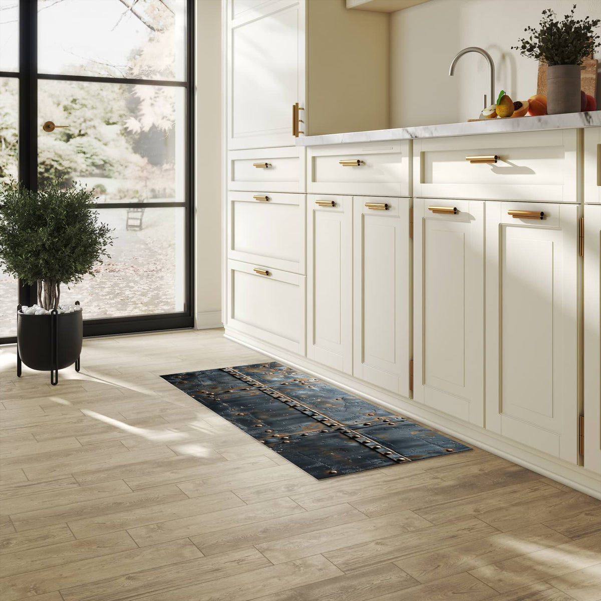 Farbbeständiger Küchenteppich mit Motiv Metalltür Design in heller Küche