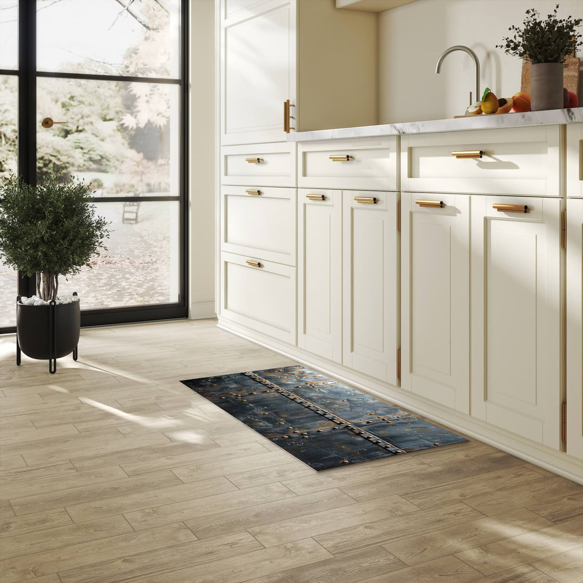 Bodenschonender rutschfester Küchenteppich mit Motiv Metalltür Design in heller Küche