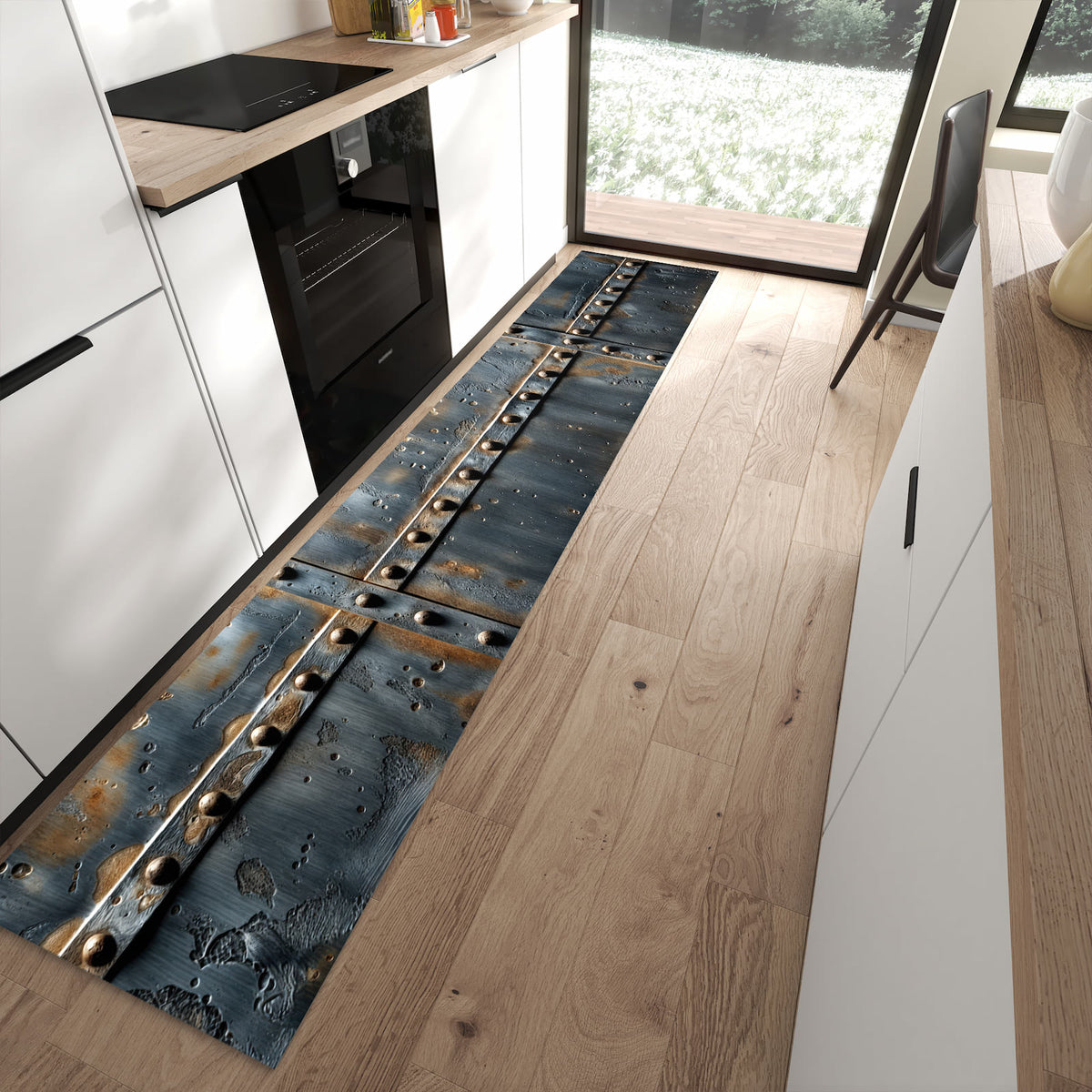 Feuchtigkeitsresistenter Küchenteppich mit Motiv Metalltür Design in moderner Küche