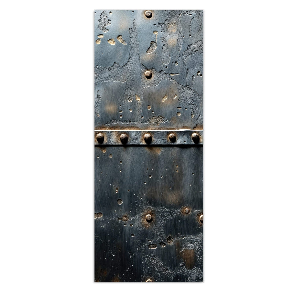 Dunkle Stahlplatten mit umlaufenden Nietreihen und Rostspuren an den Kanten