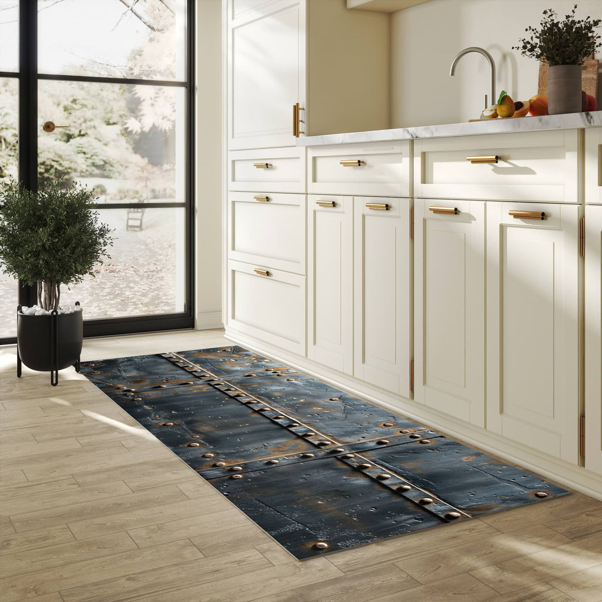 Geruchsneutraler rutschfester Küchenläufer mit Motiv Metalltür Design in heller Küche