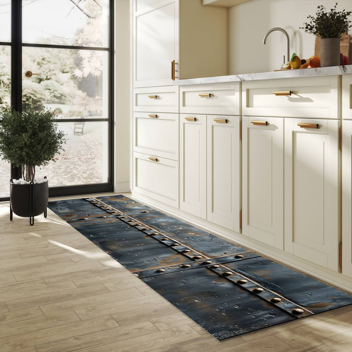 Fleckenresistenter Küchenläufer mit Motiv Metalltür Design in heller Küche