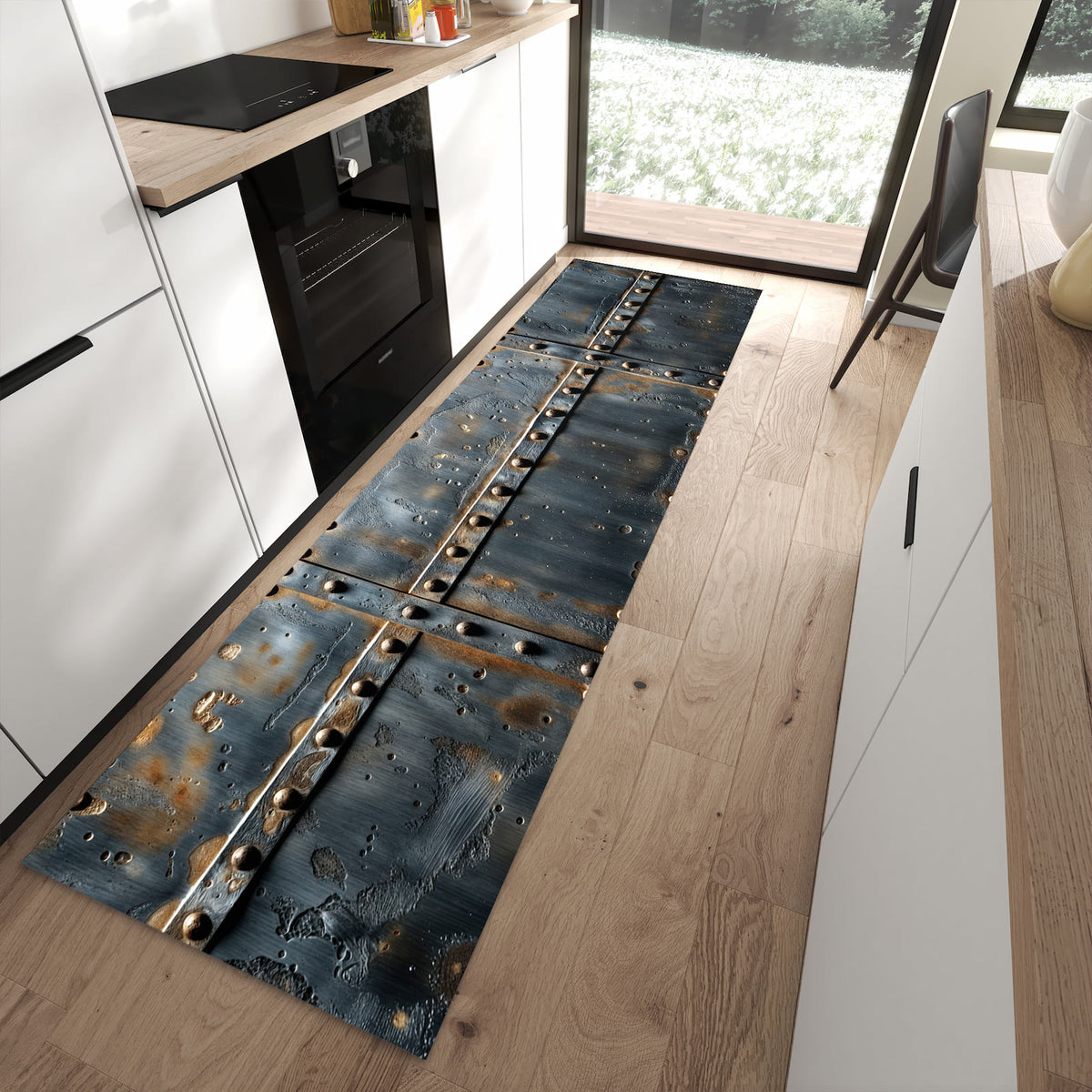 Farbbeständiger waschbarer Küchenläufer mit Motiv Metalltür Design in moderner Küche