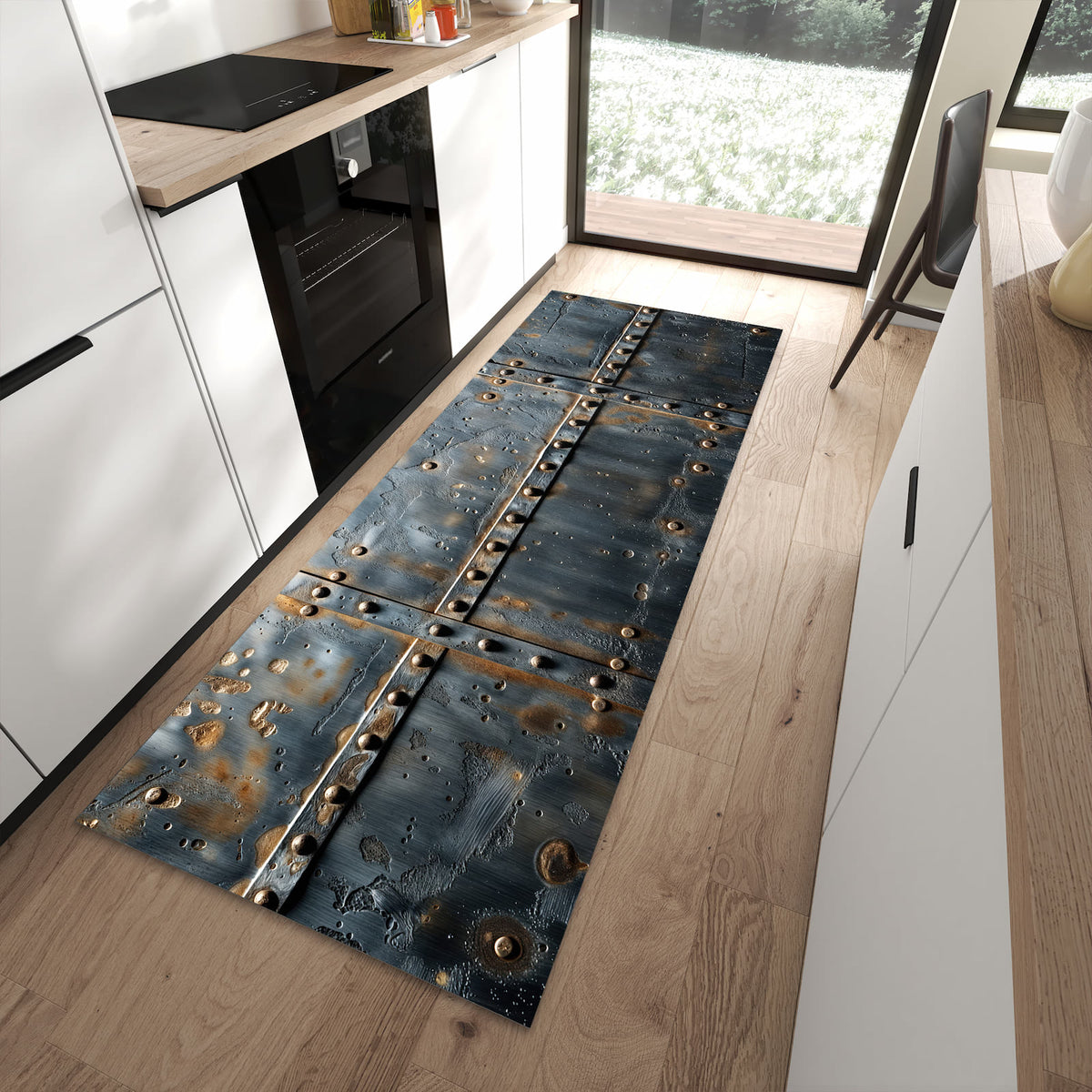 Zeitsparender rutschfester Küchenläufer mit Motiv Metalltür Design in moderner Küche