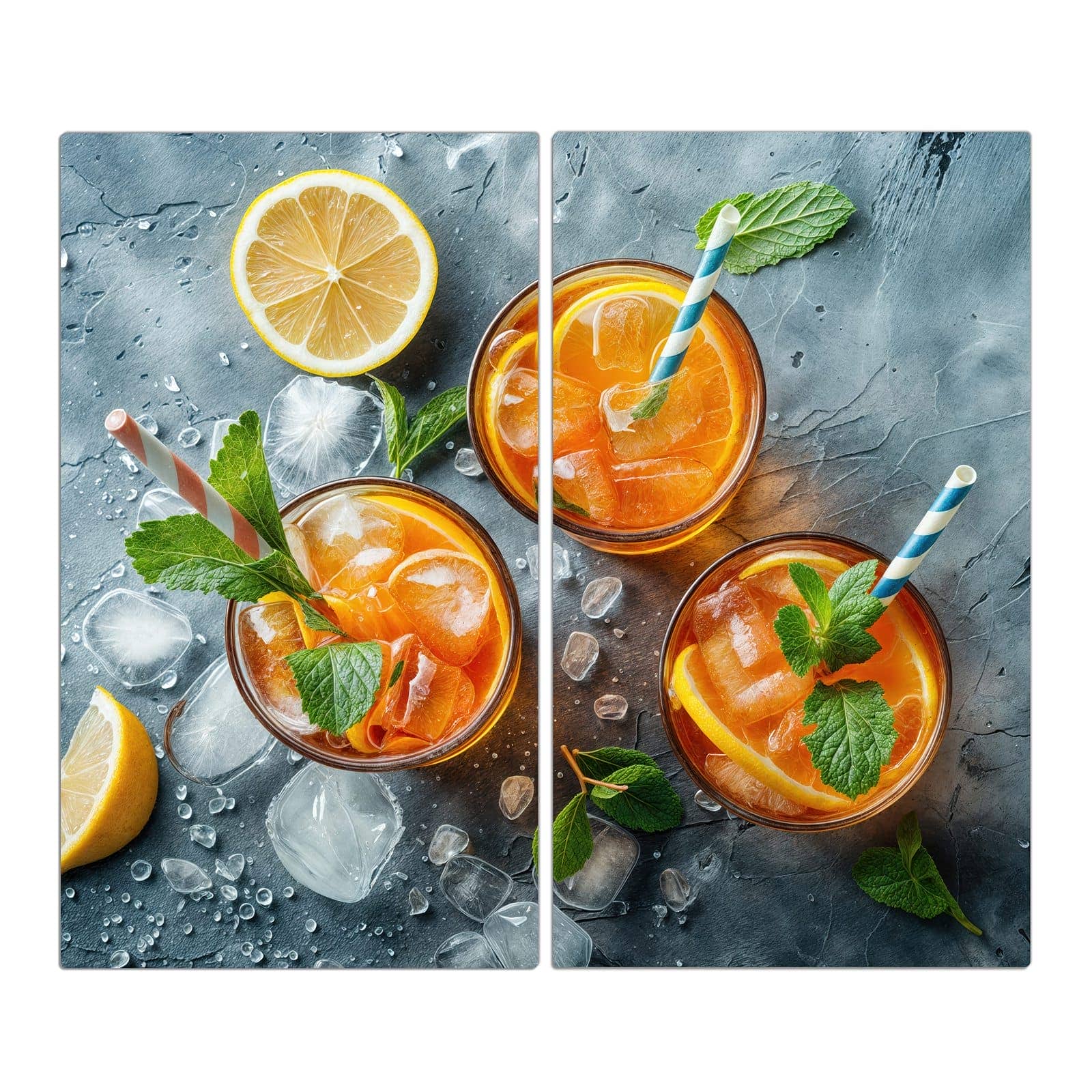 2-teilige Glasabdeckplatte für Ceranfeld mit Sommerlicher Drink-Motiv in der Frontansicht #grösse_2-Teilig (60x52cm)