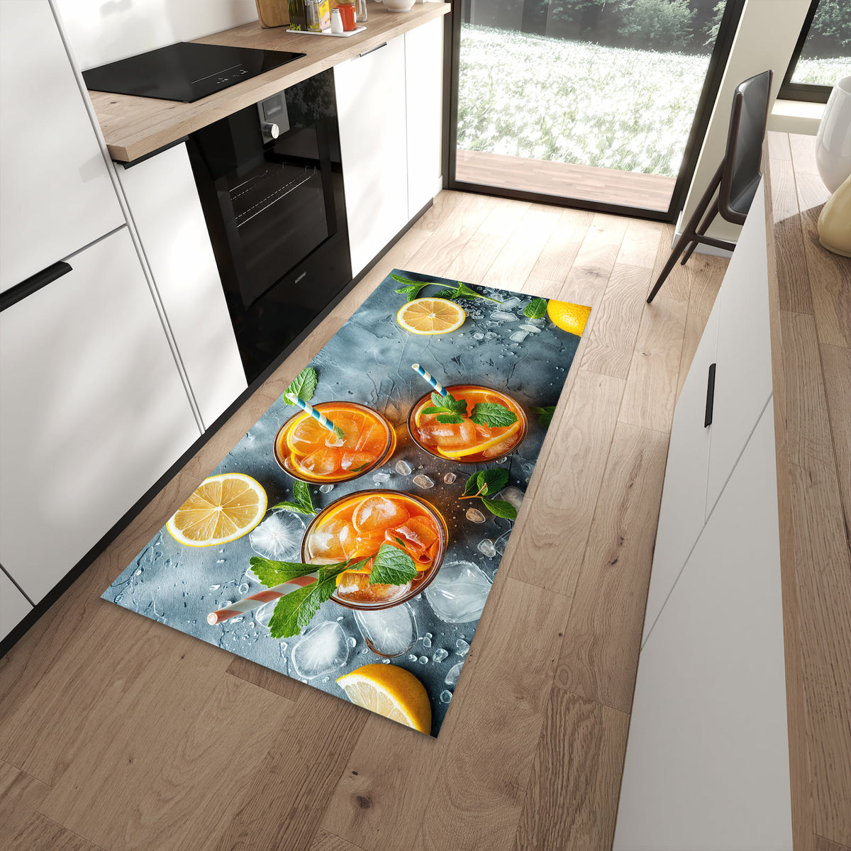 Waschbarer Küchenteppich mit Motiv Sommerlicher Drink in moderner Küche