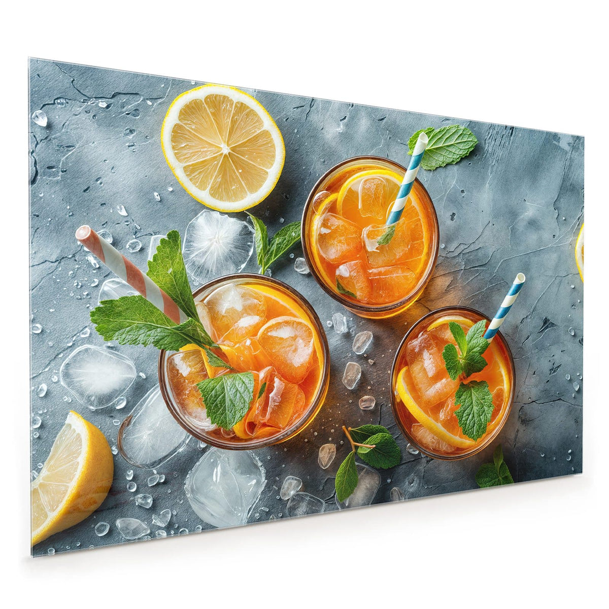 Küchenrückwand aus Glas im Hochformat: Drei Gläser mit orangefarbenem Eisgetränk, Zitrusscheiben, Minze und Papierstrohhalmen