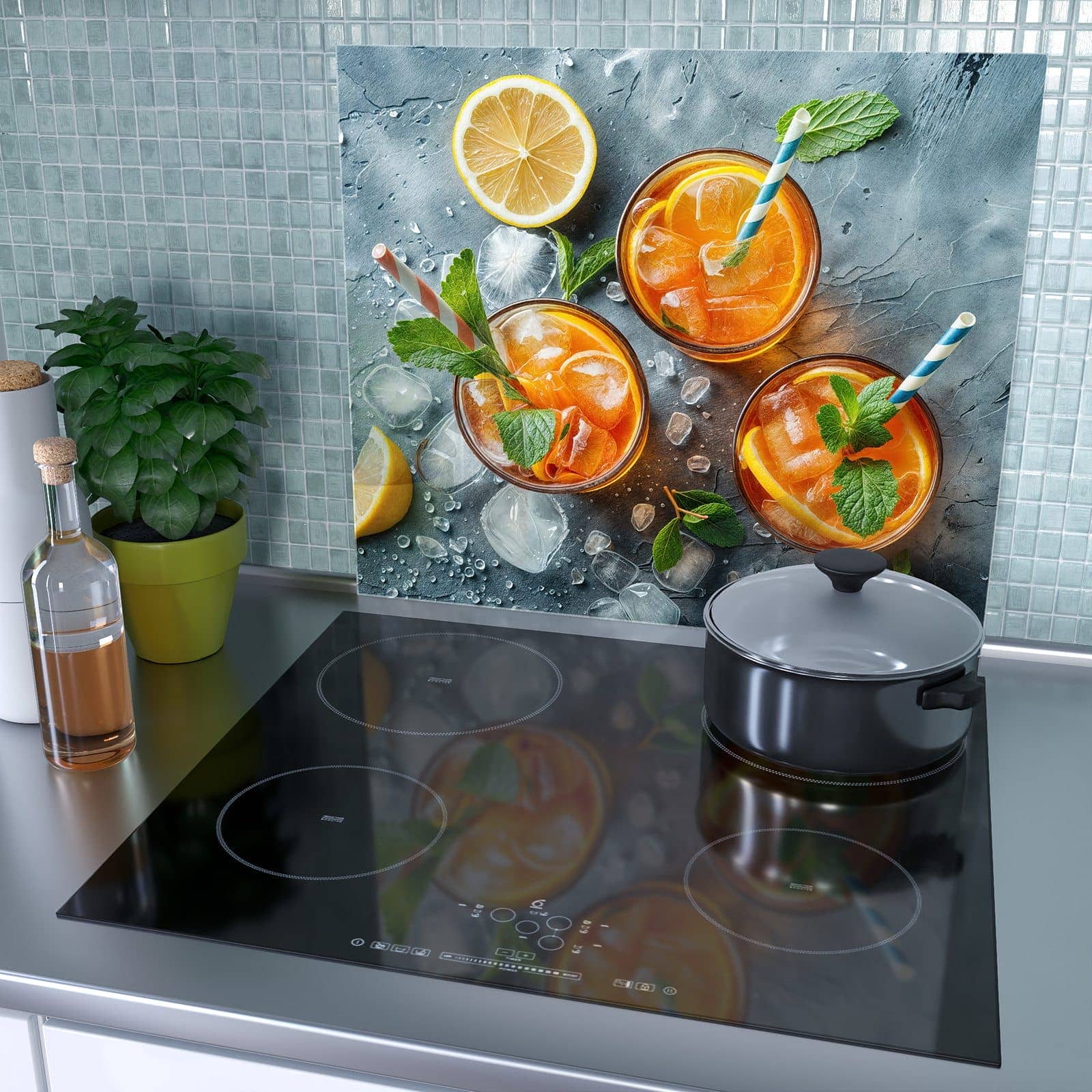 1-teilige Herdabdeckplatte mit Sommerlicher Drink-Motiv als Spritzschutz hinter dem Kochfeld