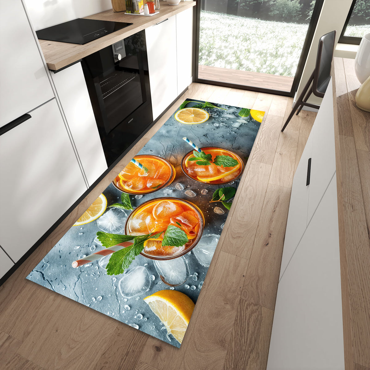 Komfortabler Küchenteppich mit Motiv Sommerlicher Drink in moderner Küche