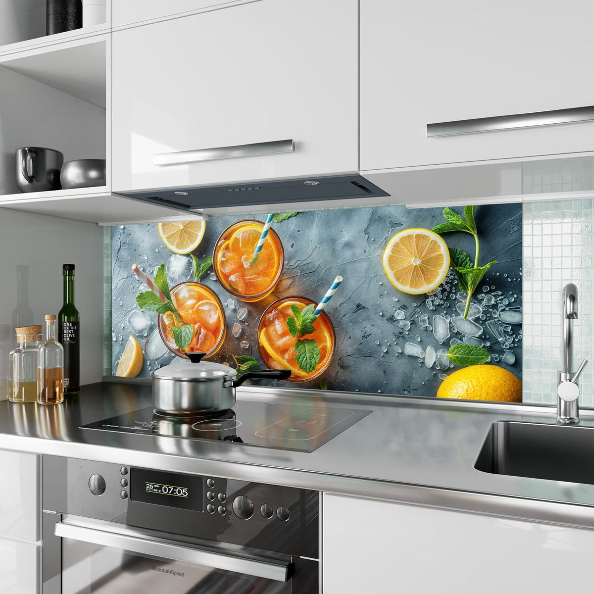 Küchenrückwand aus Glas Drei Drinks mit Zitrone im Hochformat als Spritzschutz hinter dem Kochfeld, über dem Fliesenspiegel montiert