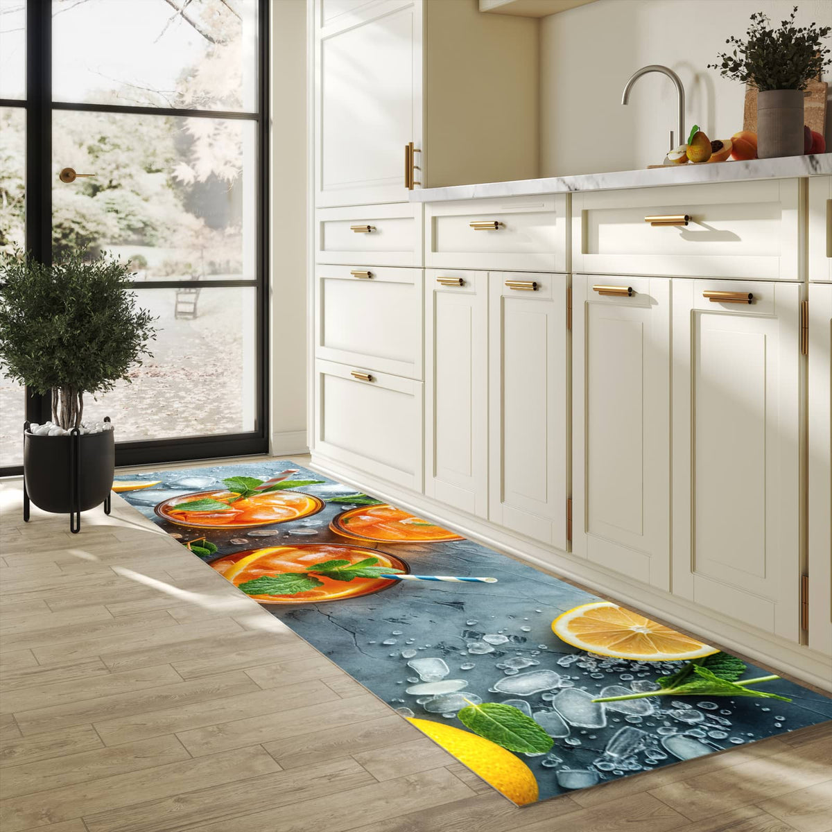 Feuchtigkeitsresistenter Küchenteppich mit Motiv Sommerlicher Drink in heller Küche