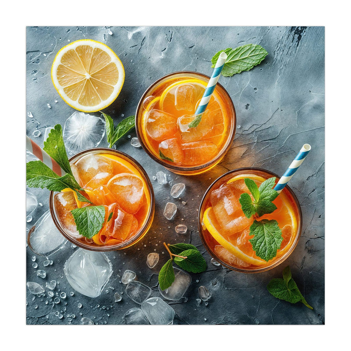 Drei Gläser mit orangefarbenem Eisgetränk, Zitrusscheiben, Minze und Papierstrohhalmen, daneben eine halbe Zitrone auf grauem Stein