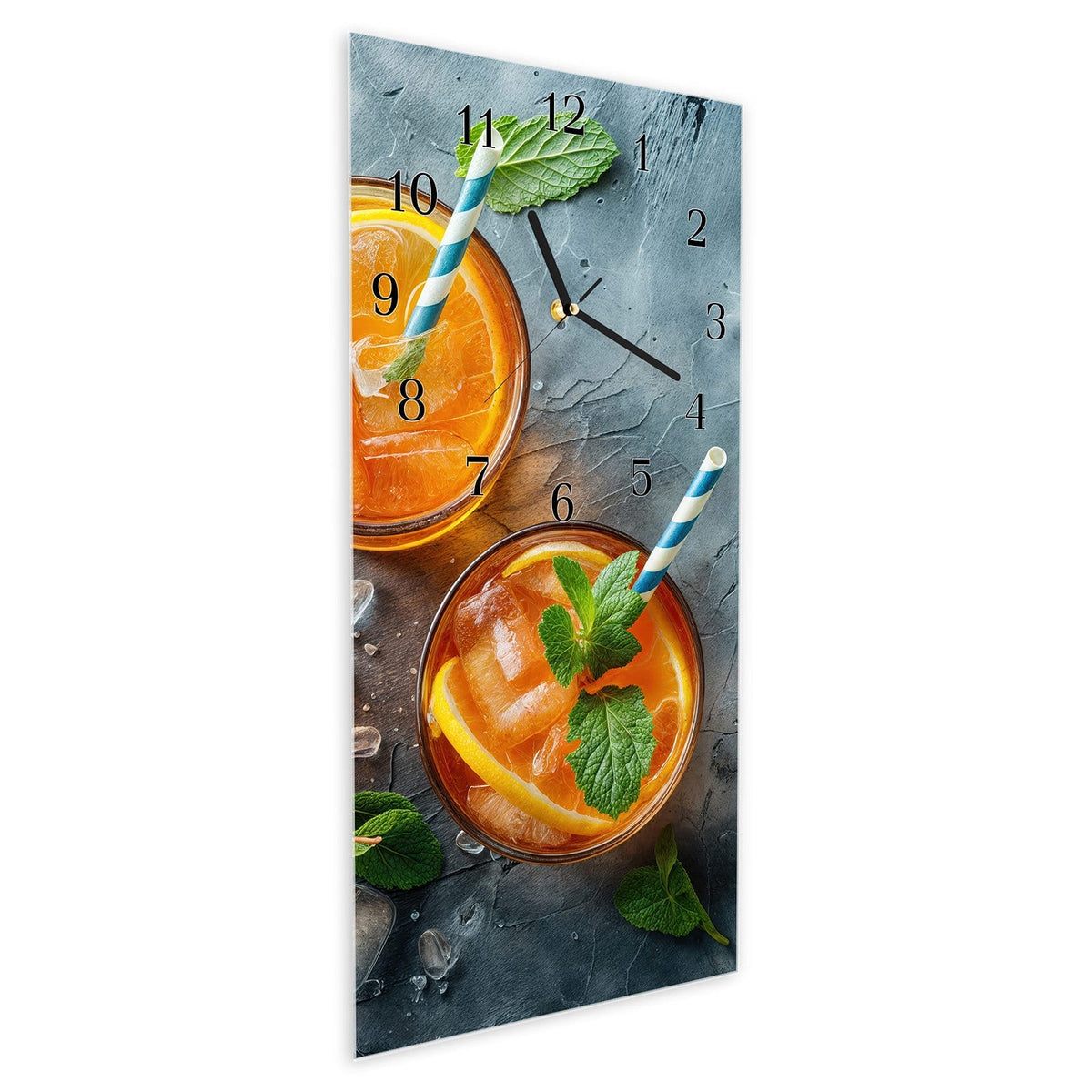 Vormontiert – mit Schwebeeffekt – Wanduhr Sommerlicher Drink aus Glas – Hochformat 30 × 60 cm