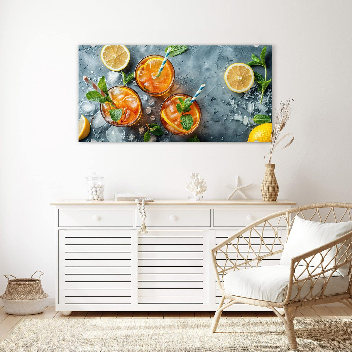 Echtglas, 4 mm – kein Acryl, keine Folie – Wandbild - Drei Drinks mit Zitrone - Querformat