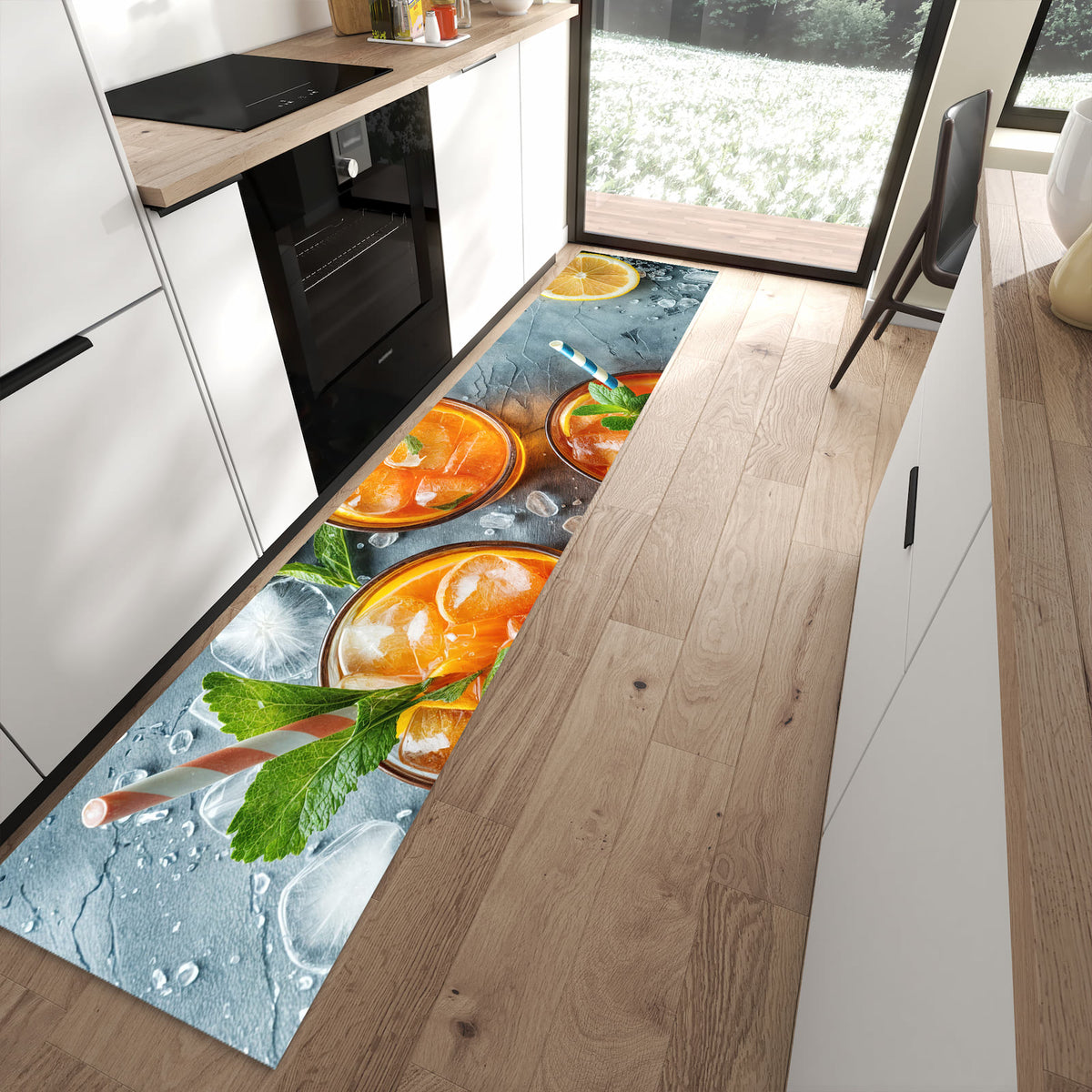 Fleckenresistenter Küchenteppich mit Motiv Sommerlicher Drink in moderner Küche