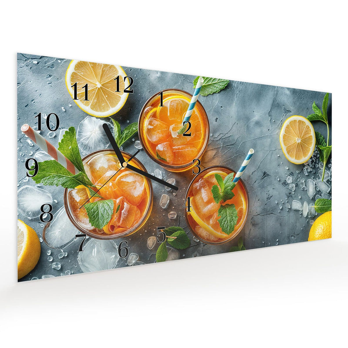 Vormontiert – mit Schwebeeffekt – Wanduhr Sommerlicher Drink aus Glas – Querformat 60 × 30 cm
