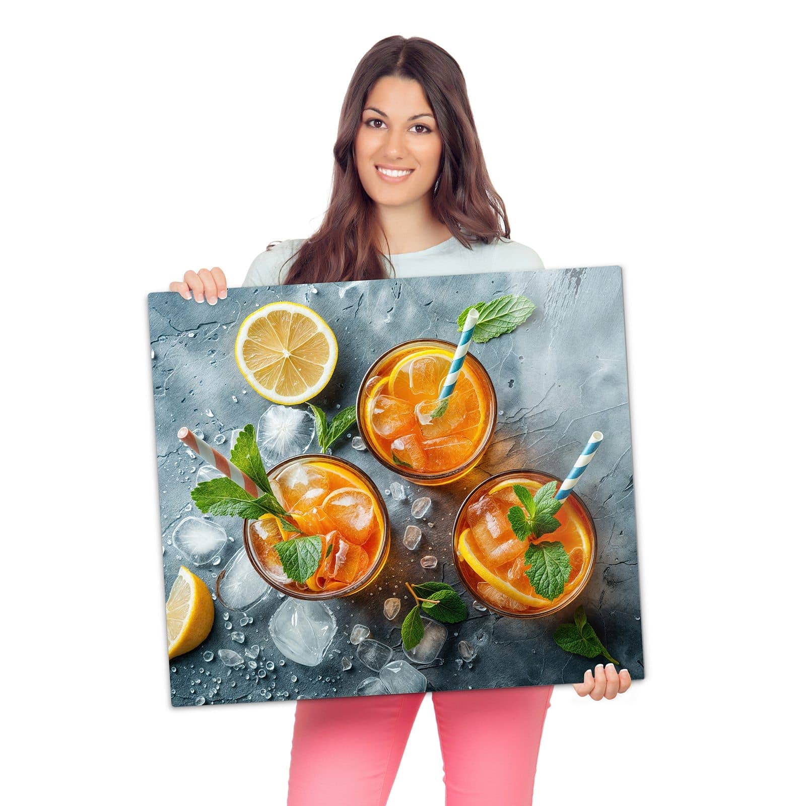 Abdeckplatten für Ceranfeld mit Sommerlicher Drink-Motiv wird zur Größendarstellung gehalten