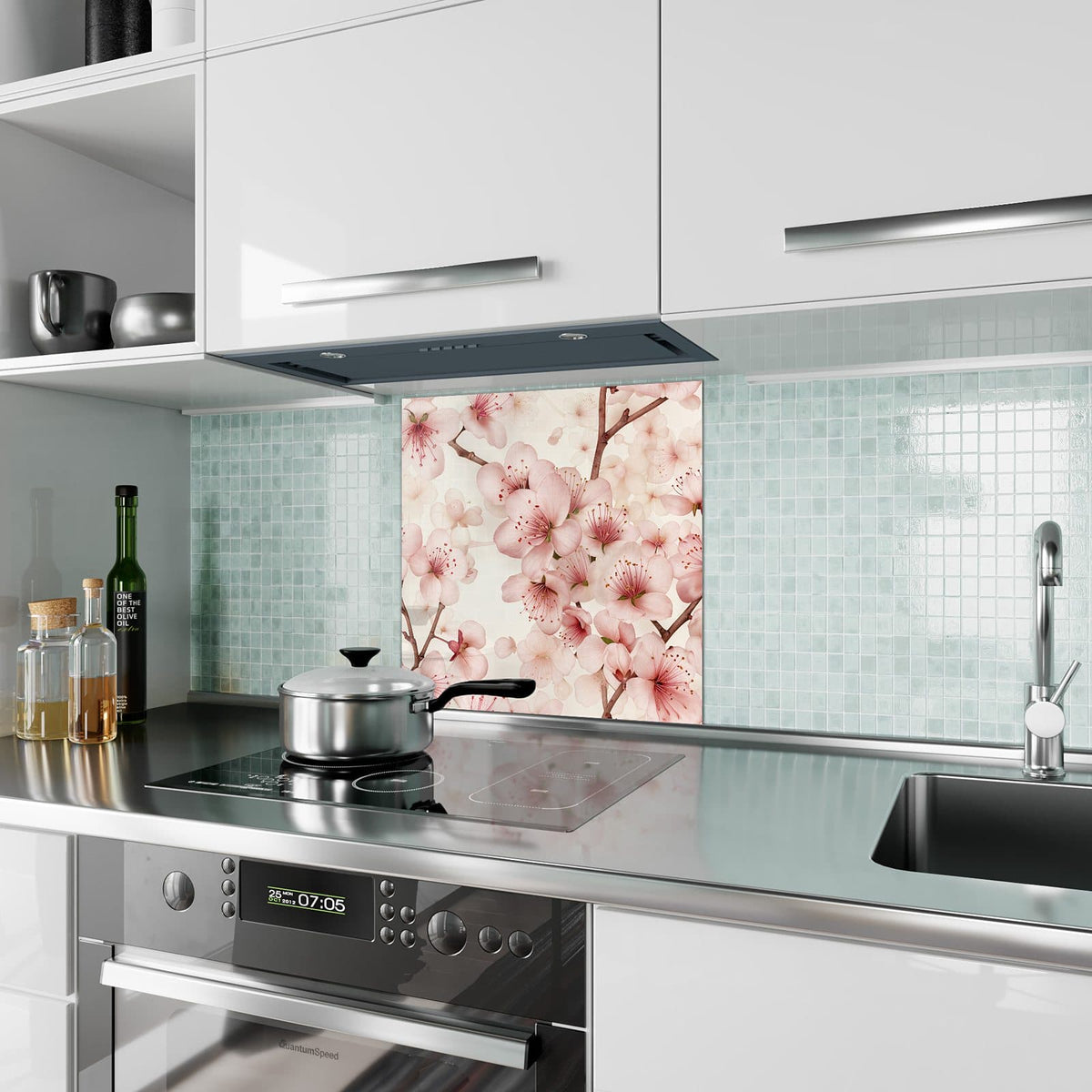 Küchenrückwand Kirschblüten auf Creme aus Glas – Zarte Kirschblüten auf Cremegrund