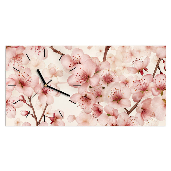 Wanduhr Kirschblüten aus Glas – Querformat 60 × 30 cm mit Ziffernblatt Linie