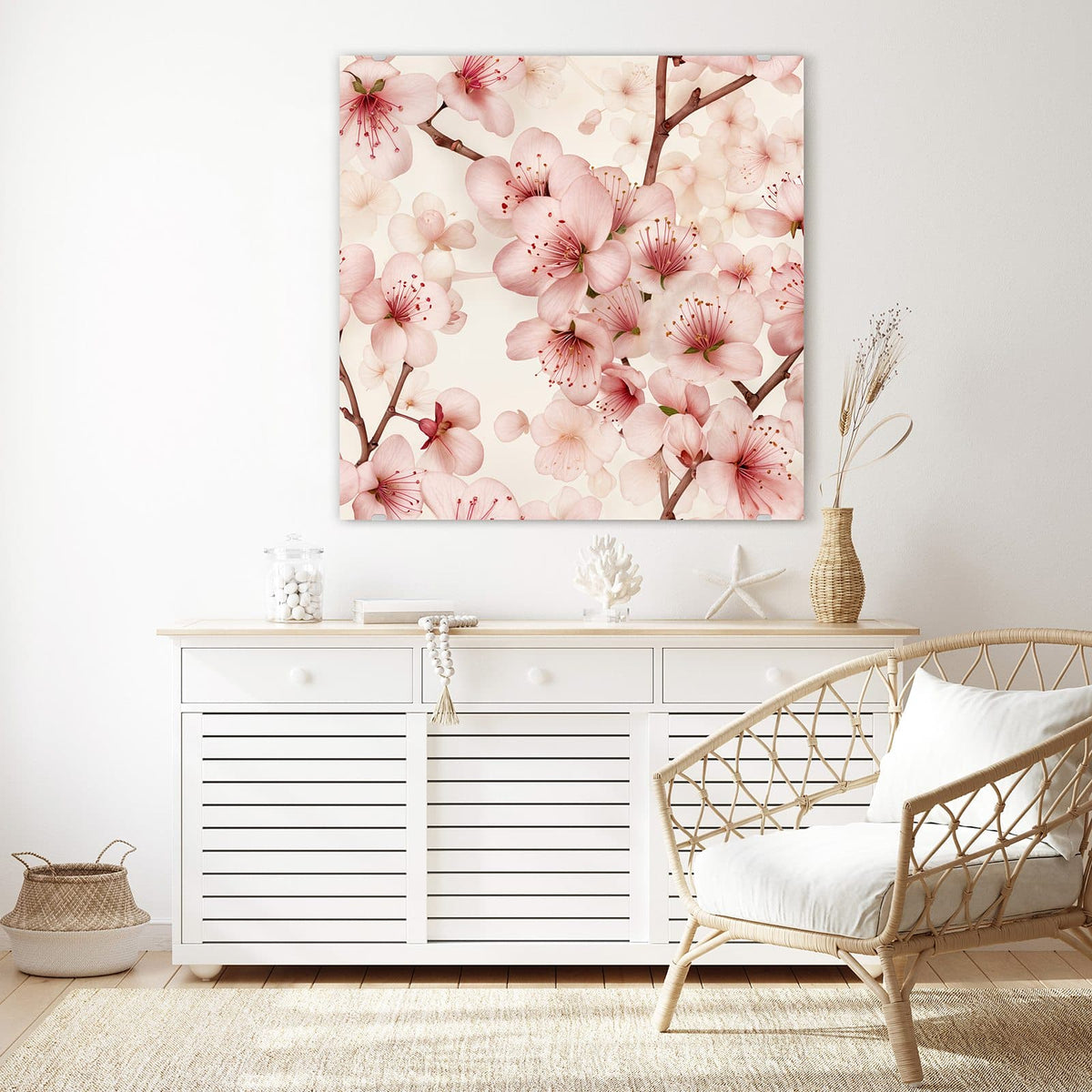 Echtglas, 4 mm – kein Acryl, keine Folie – Wandbild - Kirschblüten auf Creme - Quadratisch