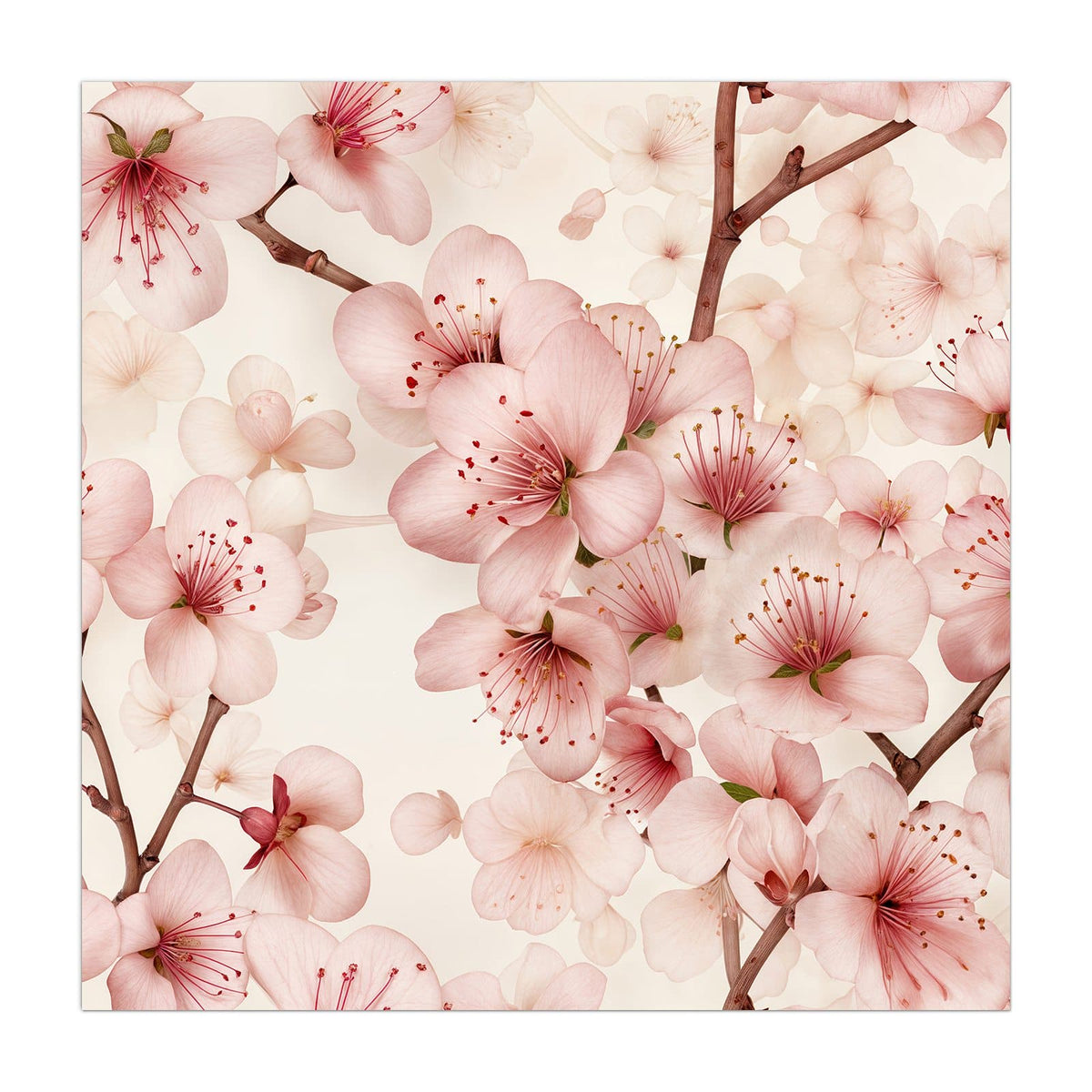 Zartrosa Kirschblüten mit braunen Zweigen auf cremefarbenem Grund.